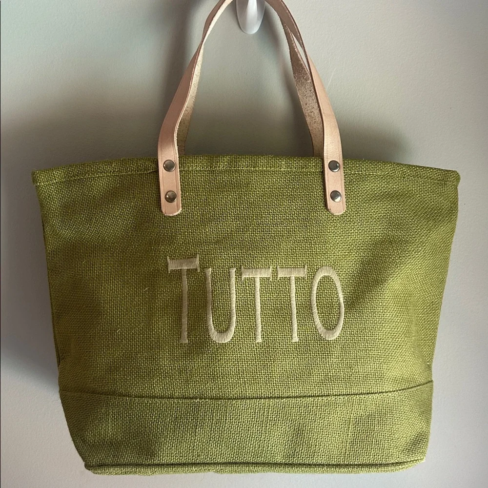 NWOT Ballard Jute Tote Bag in Green with ‘Tutto’ Embroidered Design